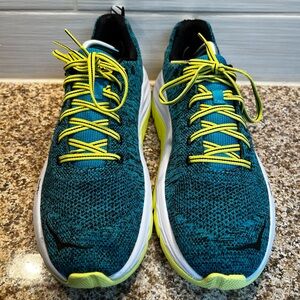 Hoka Teal Knit Running Shoes with Yellow Accents
